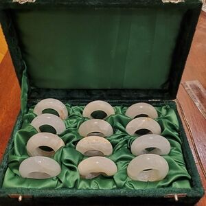Vintage Mid Century 12 Genuine Onyx Napkin Rings With Original Green Velvet Case